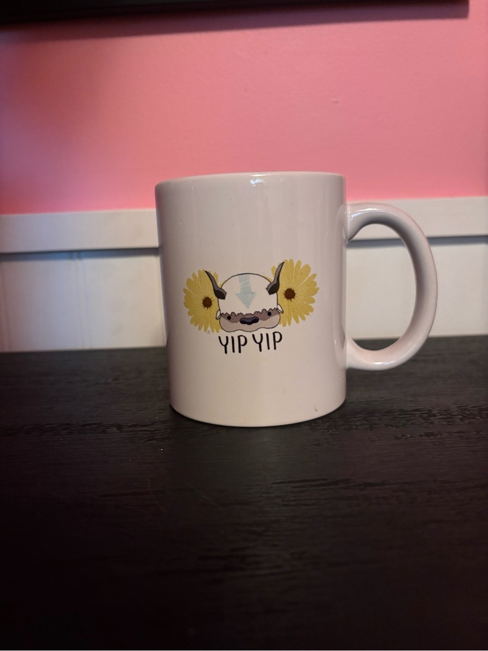 White Ceramic 'Yip Yip' Mug with Yellow Flower Design